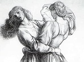 A drawing of two women dancing romantically with one another as one looks woefully at the viewer.