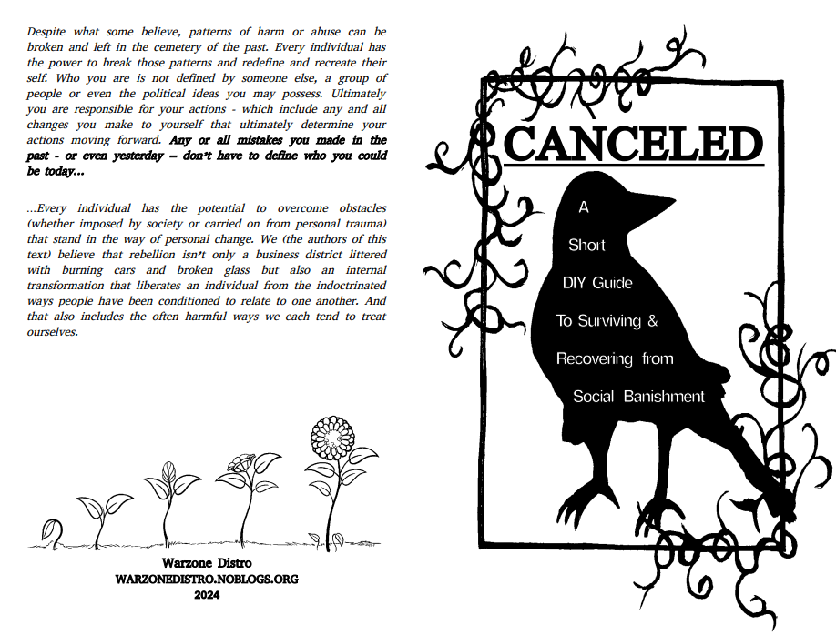 A book cover titled "A Short DIY Guide to Surviving & Recovering from Social Banishment" within a black silhouette of a dog. The cover features decorative floral designs and a corner frame. There is a segment of text on the left side discussing patterns of harm or abuse, personal growth, and resistance, with the source "Warzone Distro, WARZONEDISTRO.NOBLOGS.ORG, 2024". The background is white with black elements.