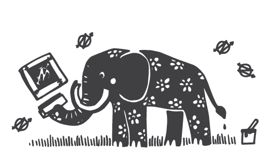 Cartoon elephant holding a laptop with bees flying around it.