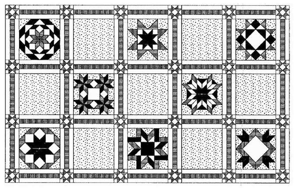 A black and white quilt with 16 square patches, each featuring unique geometric quilt patterns, separated by borders with smaller geometric designs.
