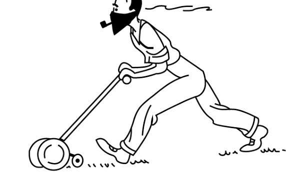 A man with a beard and glasses pushing a lawn mower across a grassy yard.
