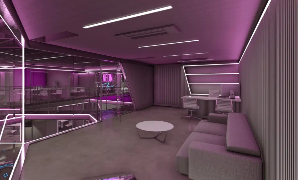 The Neon Flux office hub breaks convention with an innovative layout. The waiting area adjoins the office hub, while private offices overlook the ground floor from above. A central, floating reunion room on the first floor adds to the unique design. 