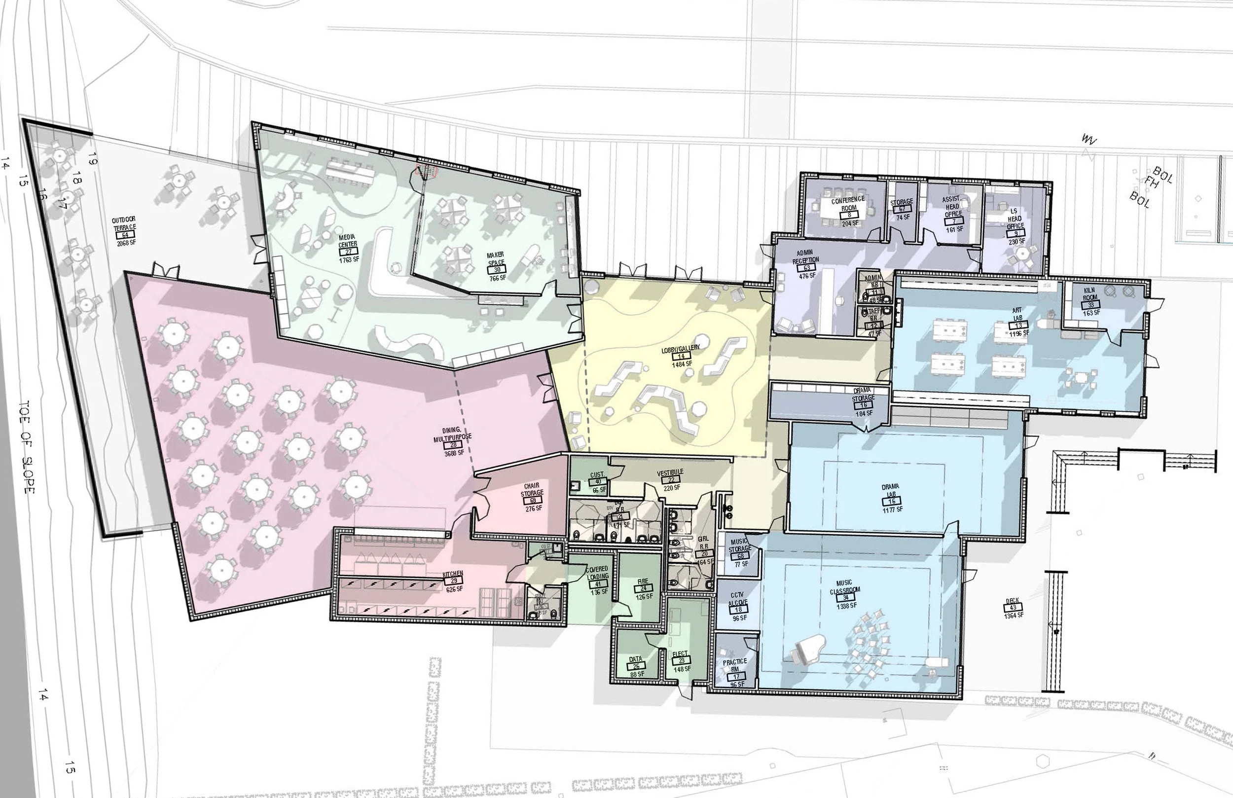 Colored Floor Plan and Program Diagram for the New Elementary Art Center