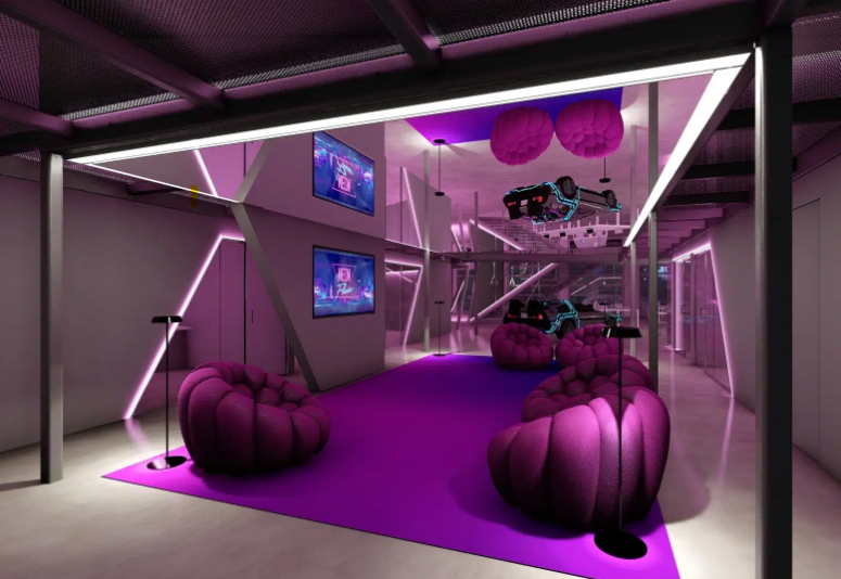 The Neon Flux office hub breaks convention with an innovative layout. The waiting area adjoins the office hub, while private offices overlook the ground floor from above. A central, floating reunion room on the first floor adds to the unique design. 