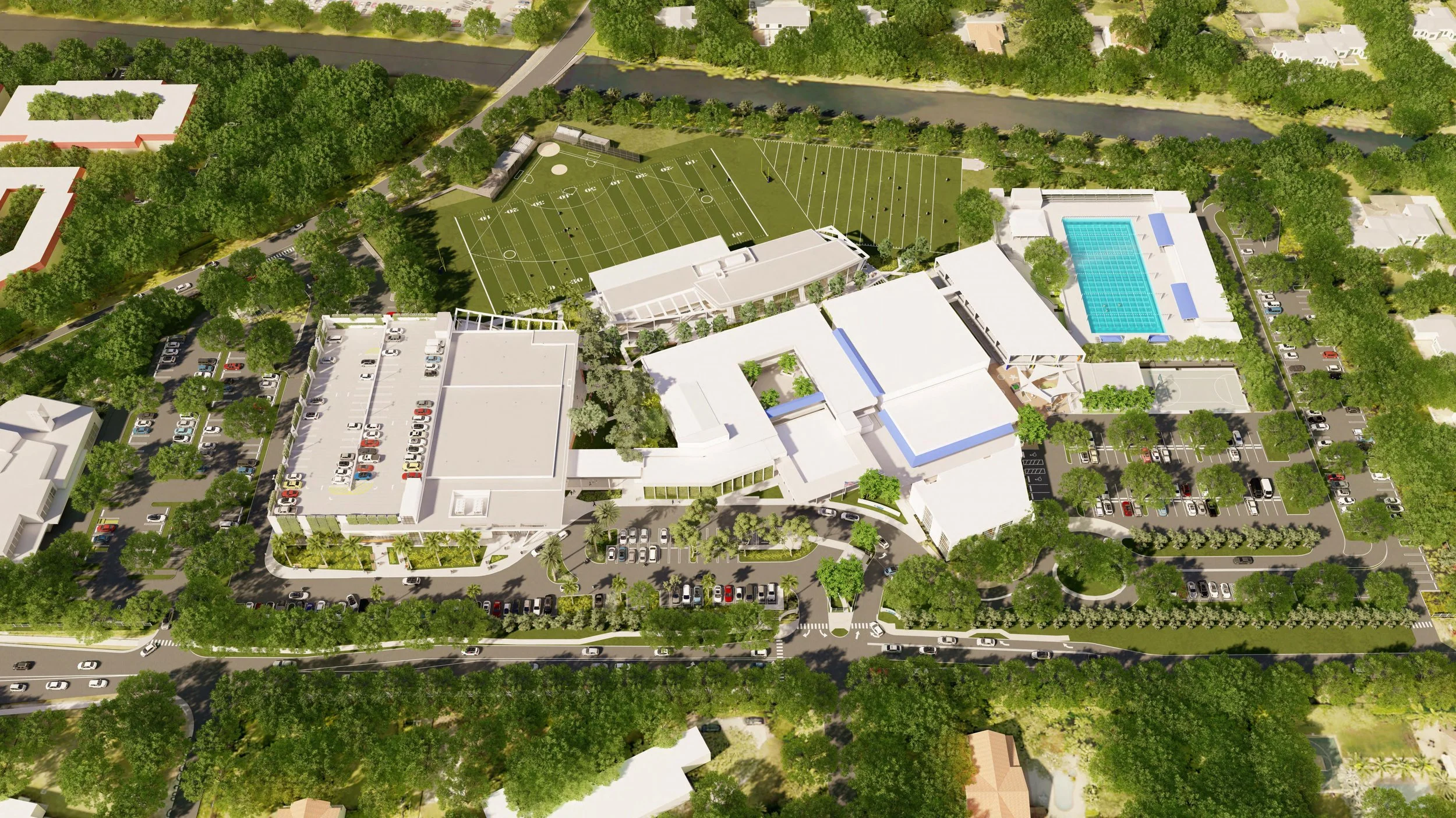 Rendering of the New Upper Campus with the new buildings and landscape, along with the new sport complex perfectly immersed with the Existing Campus