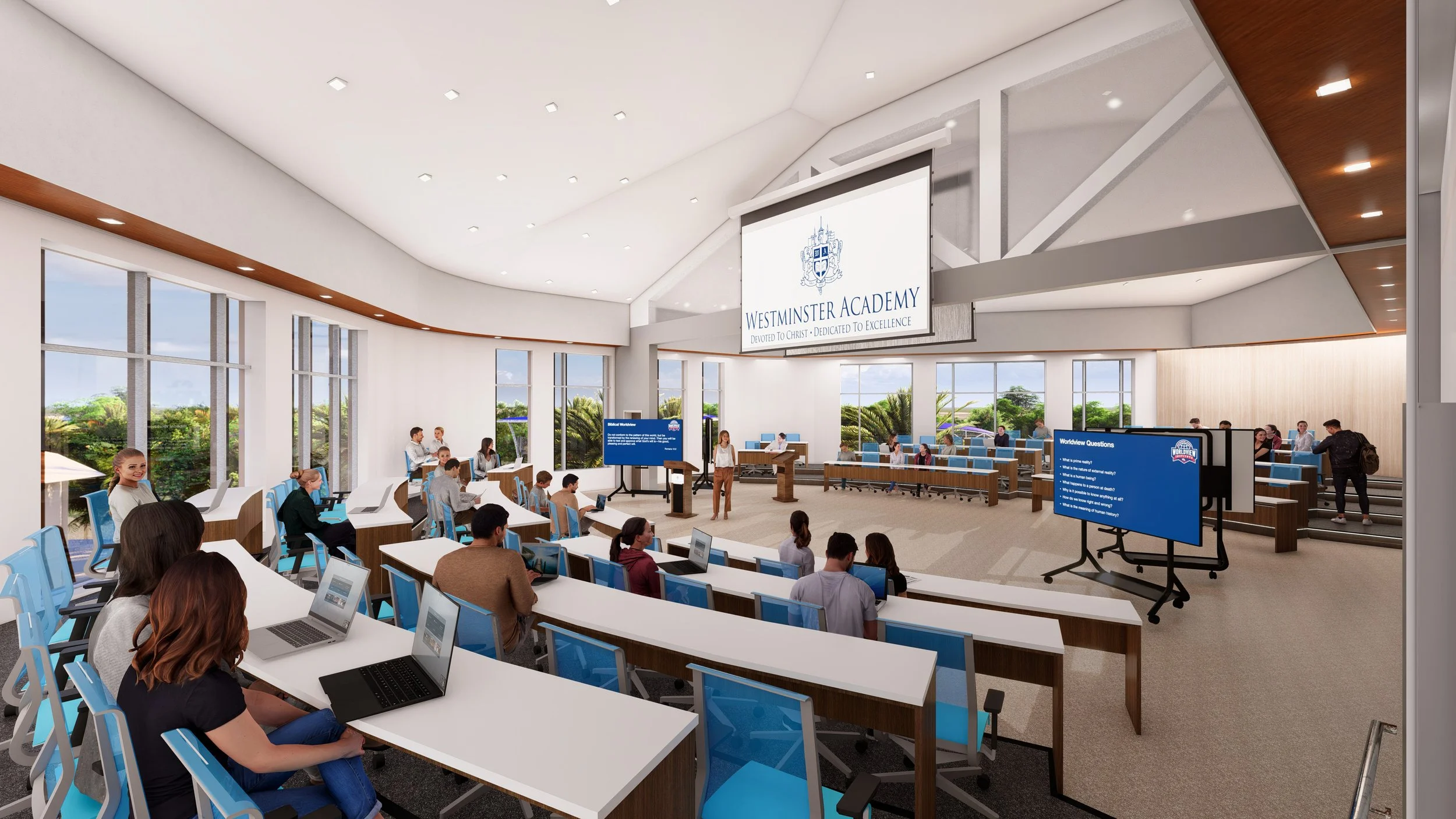 Rendering made in Lumion for the two new classrooms, separated by a partition wall, which provides the opportunity to have an auditorium for 80 students.