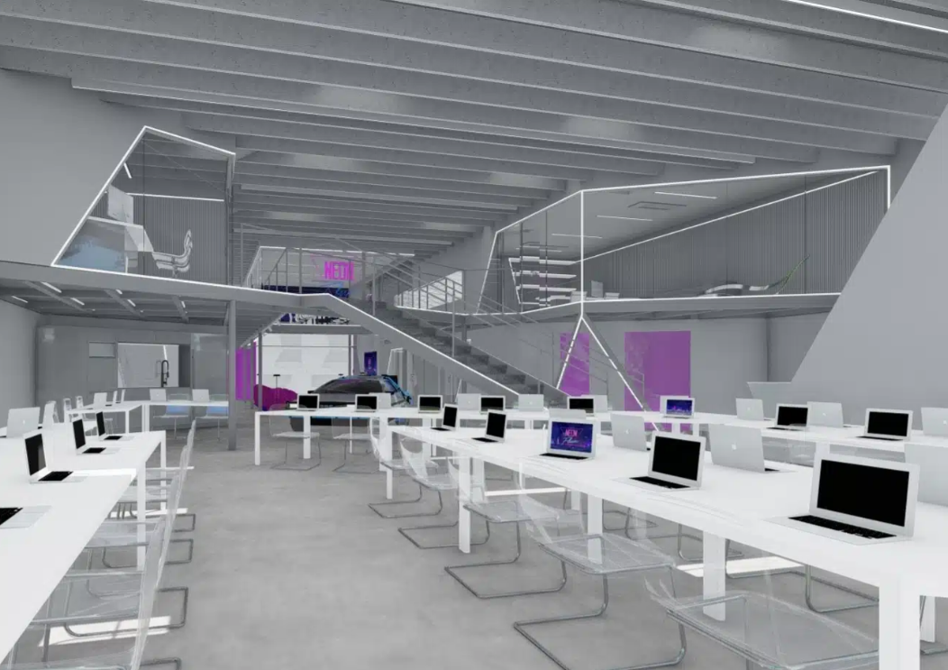 The Neon Flux office hub breaks convention with an innovative layout. The waiting area adjoins the office hub, while private offices overlook the ground floor from above. A central, floating reunion room on the first floor adds to the unique design. 