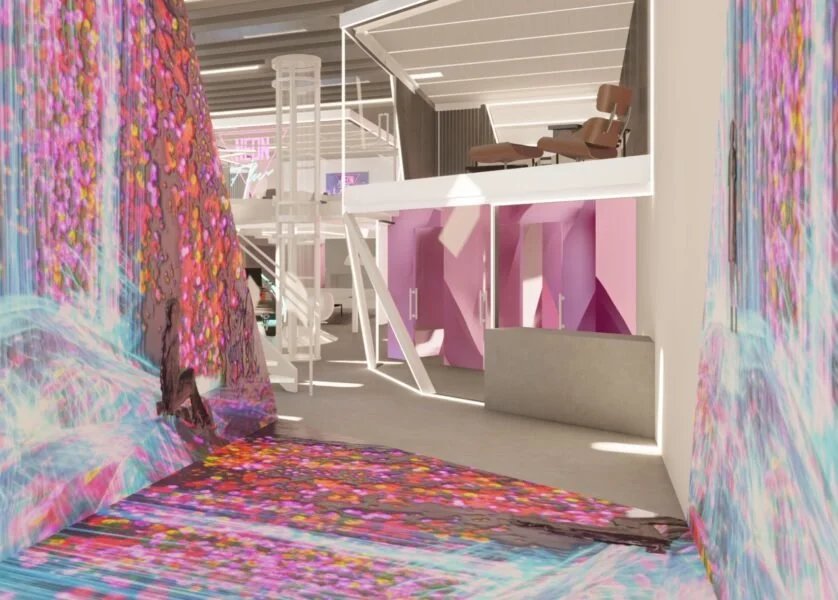 The entrance to the Neon Flux offices features a captivating digital art installation that perfectly captures our retro-futuristic design intent. Set against raw concrete and sleek glass, dynamic lighting enhances the architectural lines, creating an