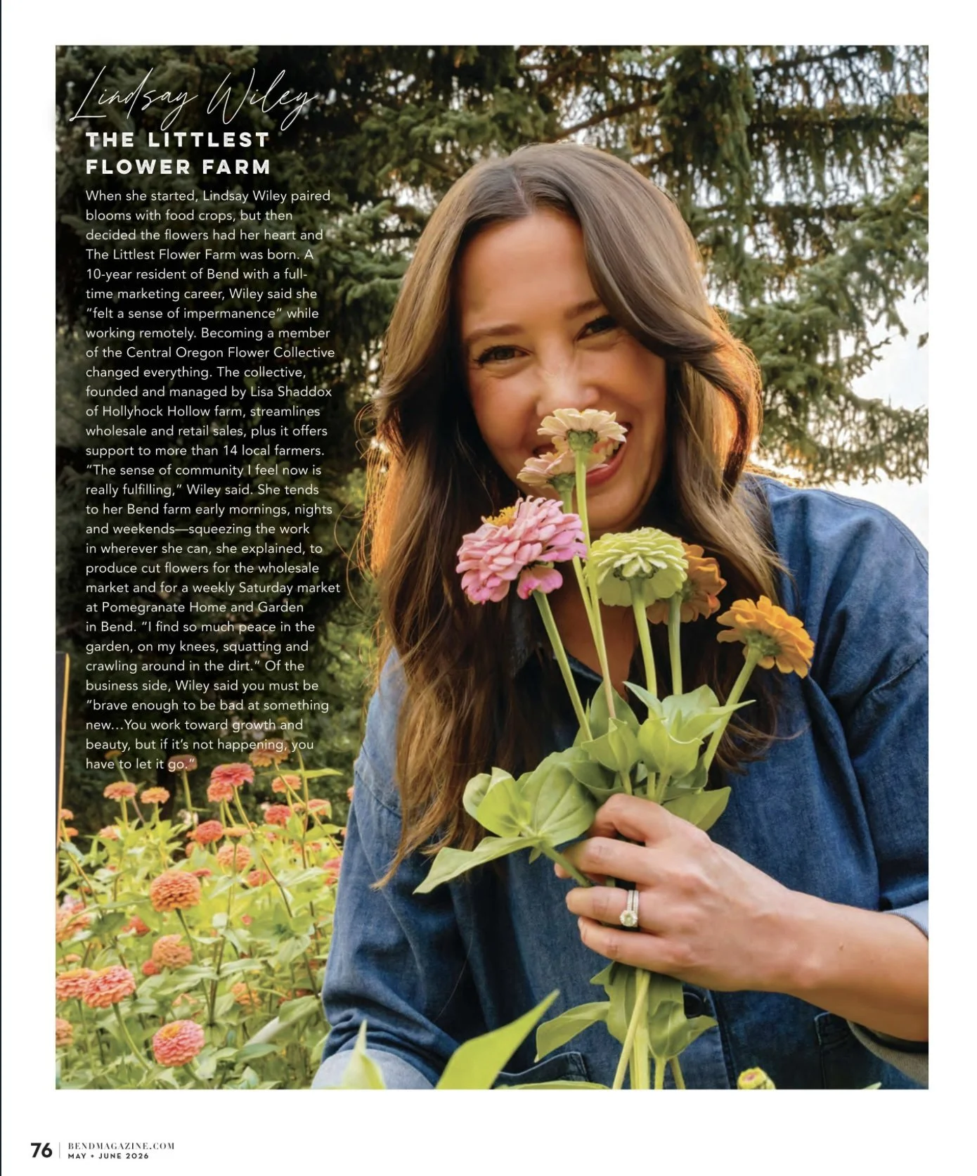 A Bend Magazine article featuring Lindsay Wiley from The Littlest Flower Farm. The image has an article and a picture of Lindsay smiling, holding a bunch of beautiful zinnias.