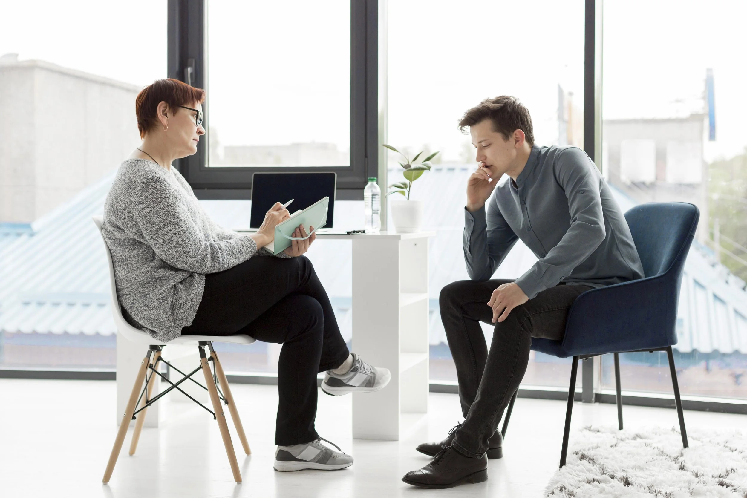 Client discussing constant stress and inability to relax with therapist.