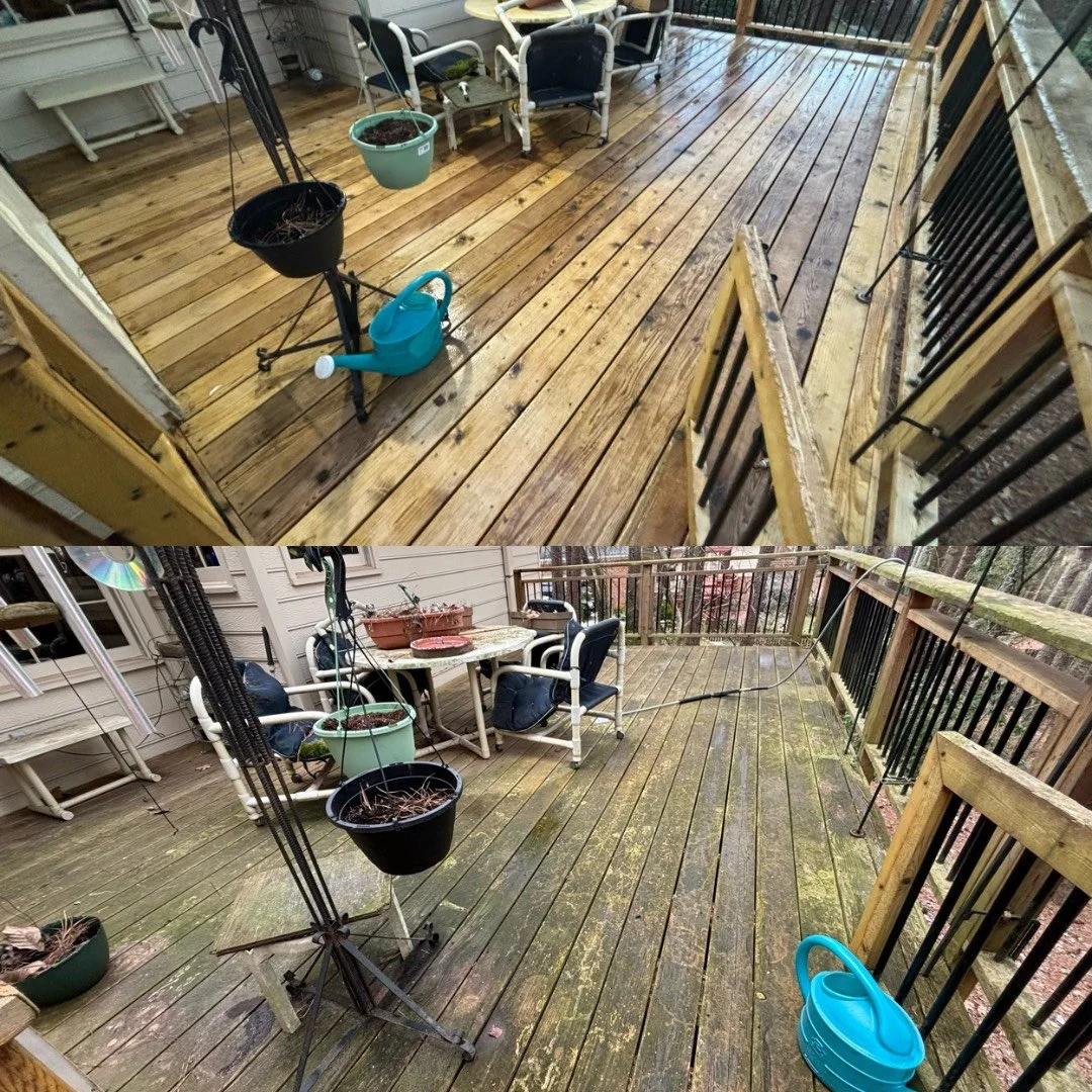 Comparison of a wooden deck before and after power washing. The top image shows a dirty, moss-covered deck with a watering can and outdoor furniture, while the bottom image shows a clean, wet, and refreshed deck. The images are labeled 'BEFORE' and 'AFTER' with a contact number at the bottom.