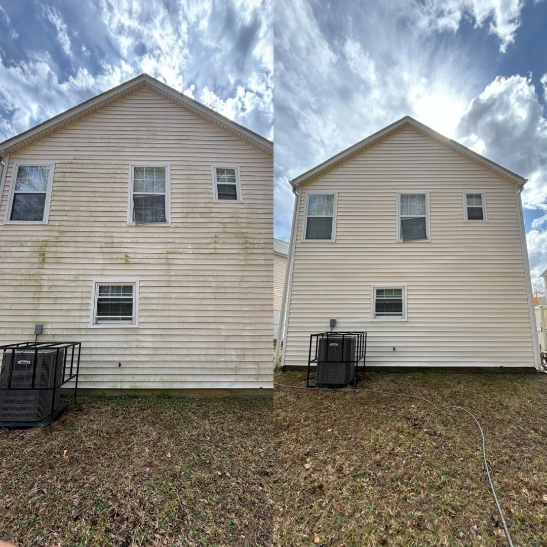 Before and after comparison of a house porch, showing the porch with dirty, weathered during the first photo and cleaned, cleaned during the second photo, with a new wooden deck and clean siding.
