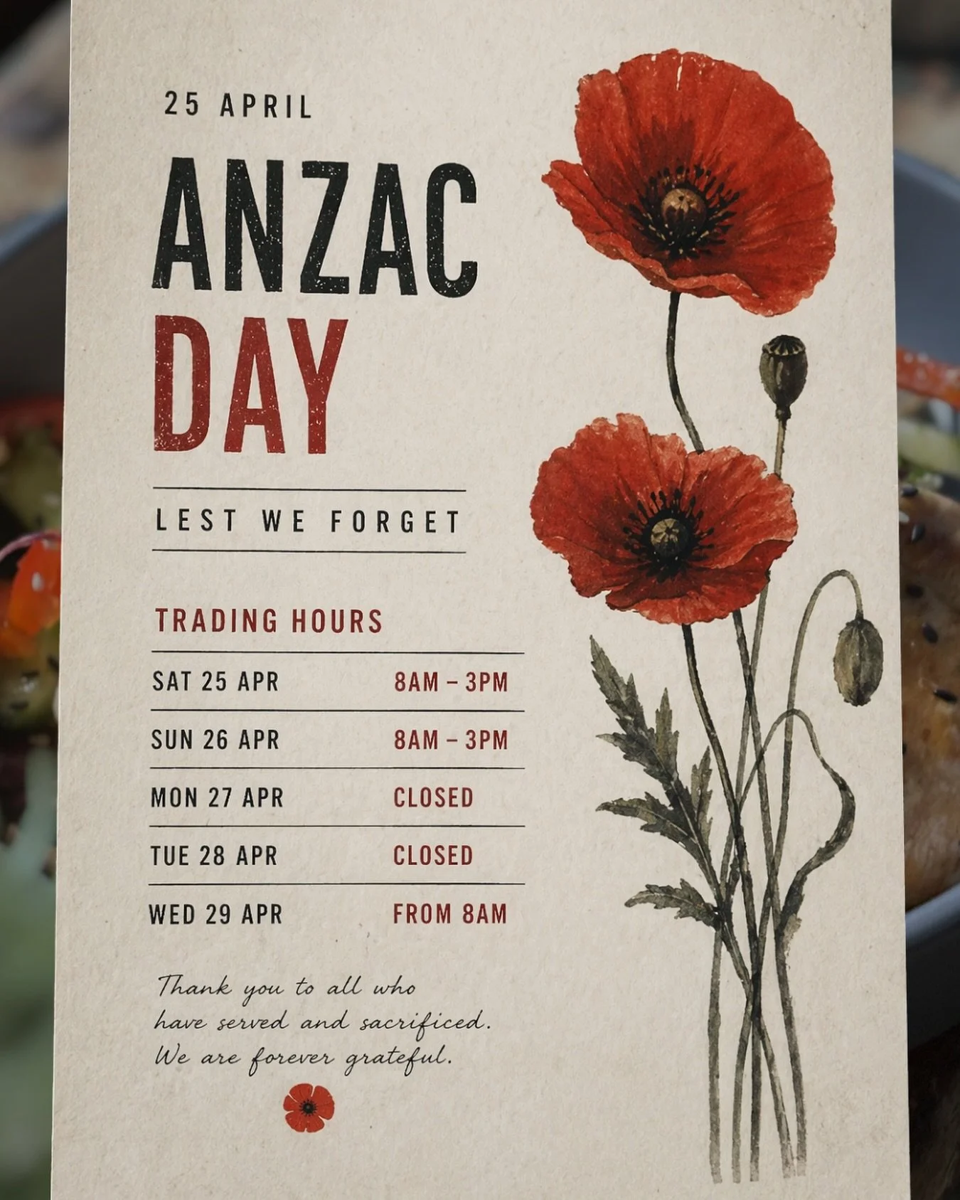 Weekend = business as usual ☕️
Mon &amp; Tues = closed
Wed = back at it

Lest we forget 🇦🇺