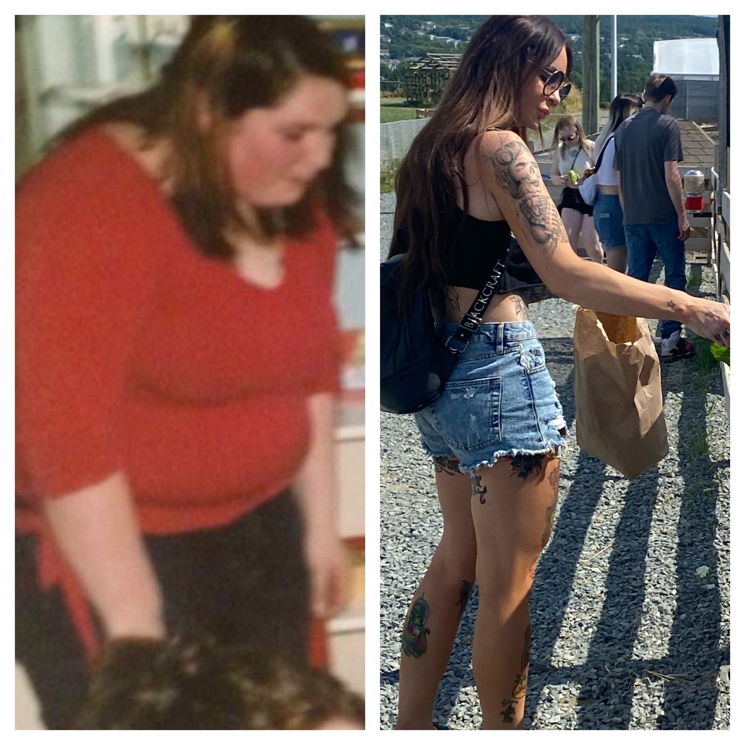 Side-by-side comparison of two women at outdoor events, one wearing a red top and the other in casual attire with tattoos, surrounded by people and outdoor scenery.
