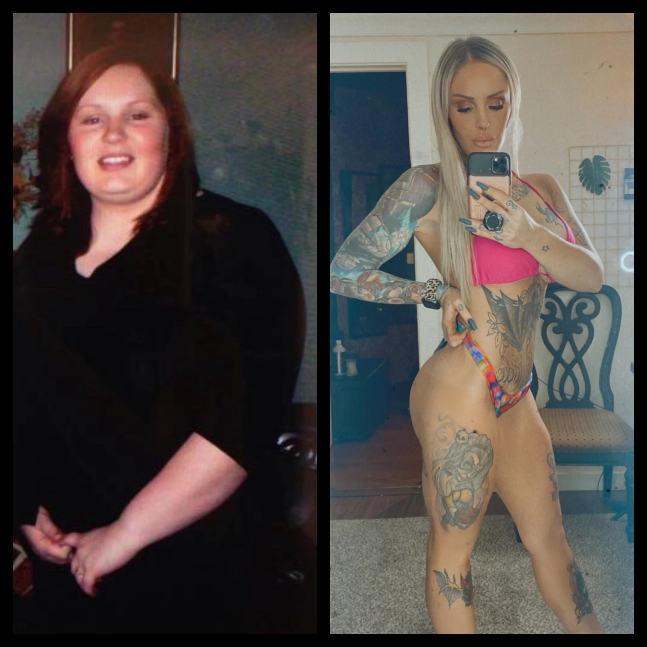 A side-by-side comparison of a woman before and after her weight loss and tattoo journey: on the left, a woman with red hair wearing a black shirt, smiling; on the right, the same woman with long blonde hair, tattoos on her arms, torso, and legs, wea