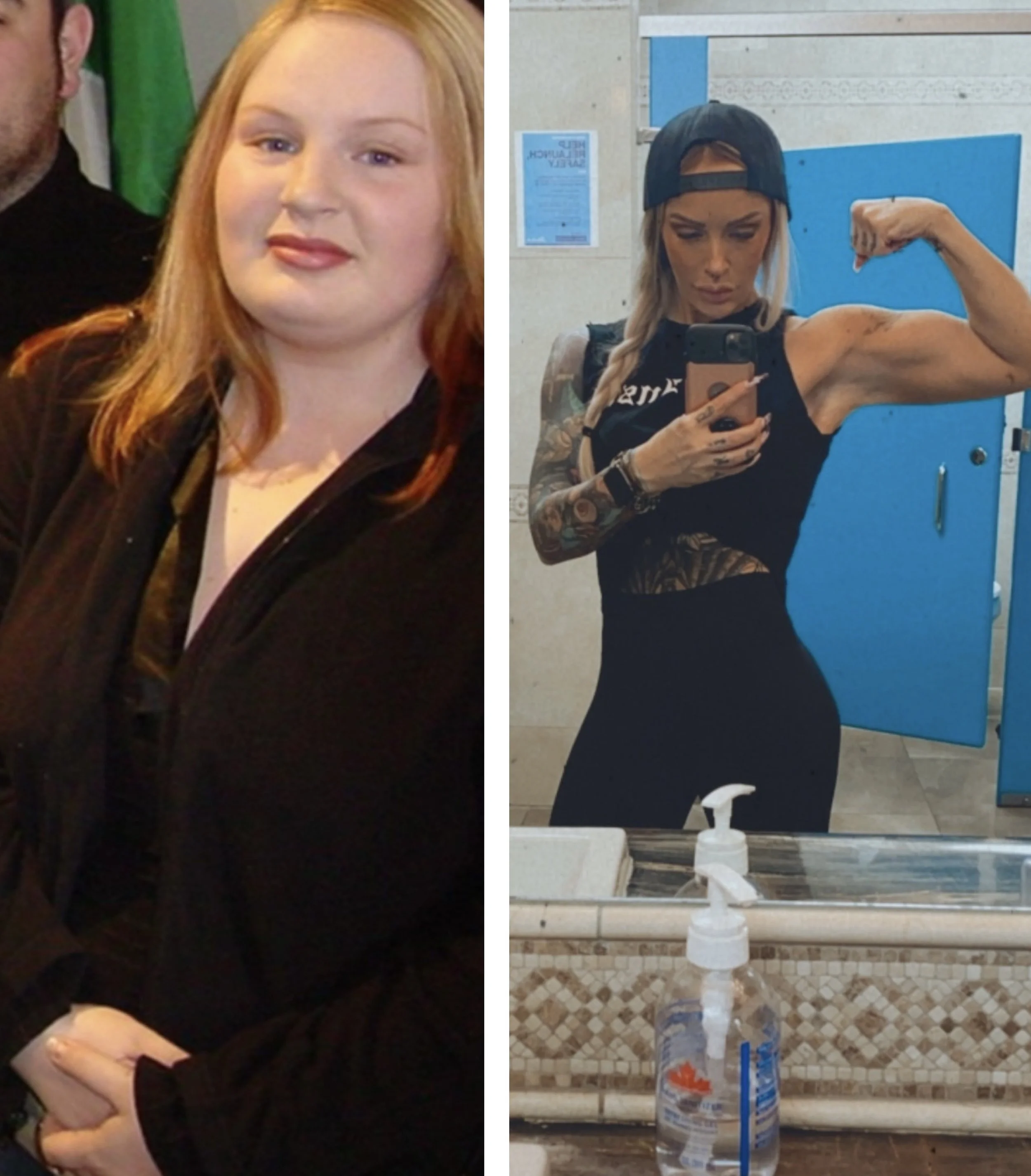 Side-by-side comparison of two women. The woman on the left has red hair, fair skin, and is wearing a black top, smiling softly. The woman on the right is in a gym bathroom mirror selfie, flexing her arm with tattoos, wearing a black cap backwards, a