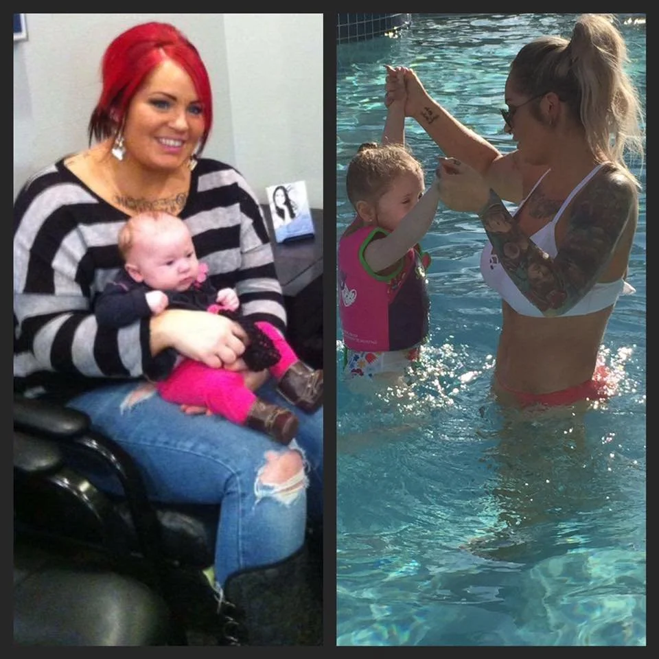 Side-by-side photos of a woman with tattoos and her young child. The first photo shows the woman with red hair sitting in a chair, holding her baby girl who is dressed in black and pink, in an indoor setting. The second photo shows the same woman in 