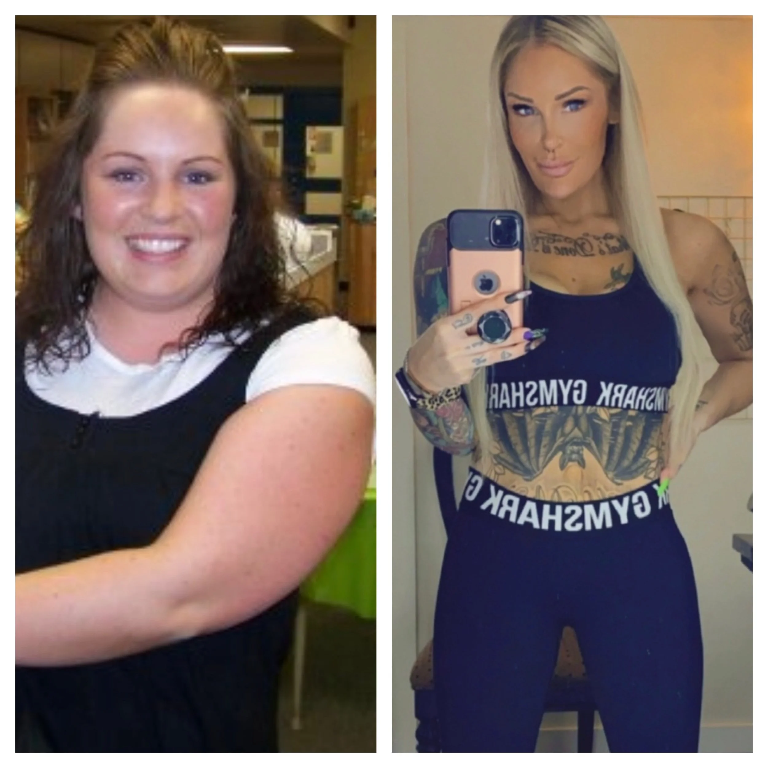 Side-by-side comparison of a woman before and after weight loss, showing significant physical transformation with tattoos visible in the after photo.