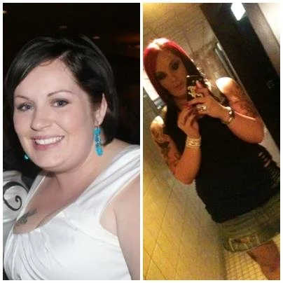 A split image featuring a woman smiling in a white top on the left and the same woman taking a selfie in a black top and camouflage shorts on the right.