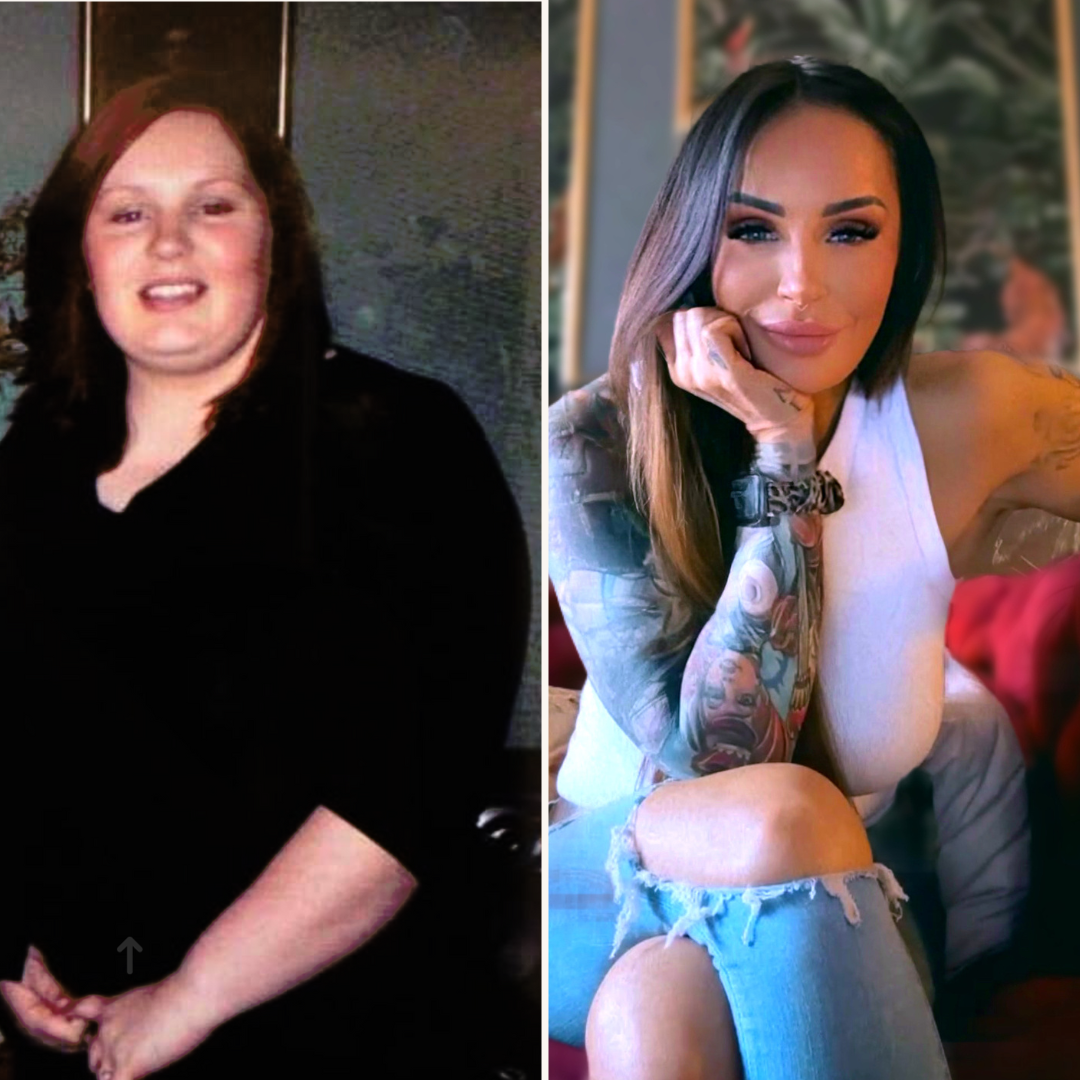 Comparison of two women, one with a fuller face and body in a dark top, the other with lighter skin, long hair, tattoos, and casual clothing, sitting indoors.