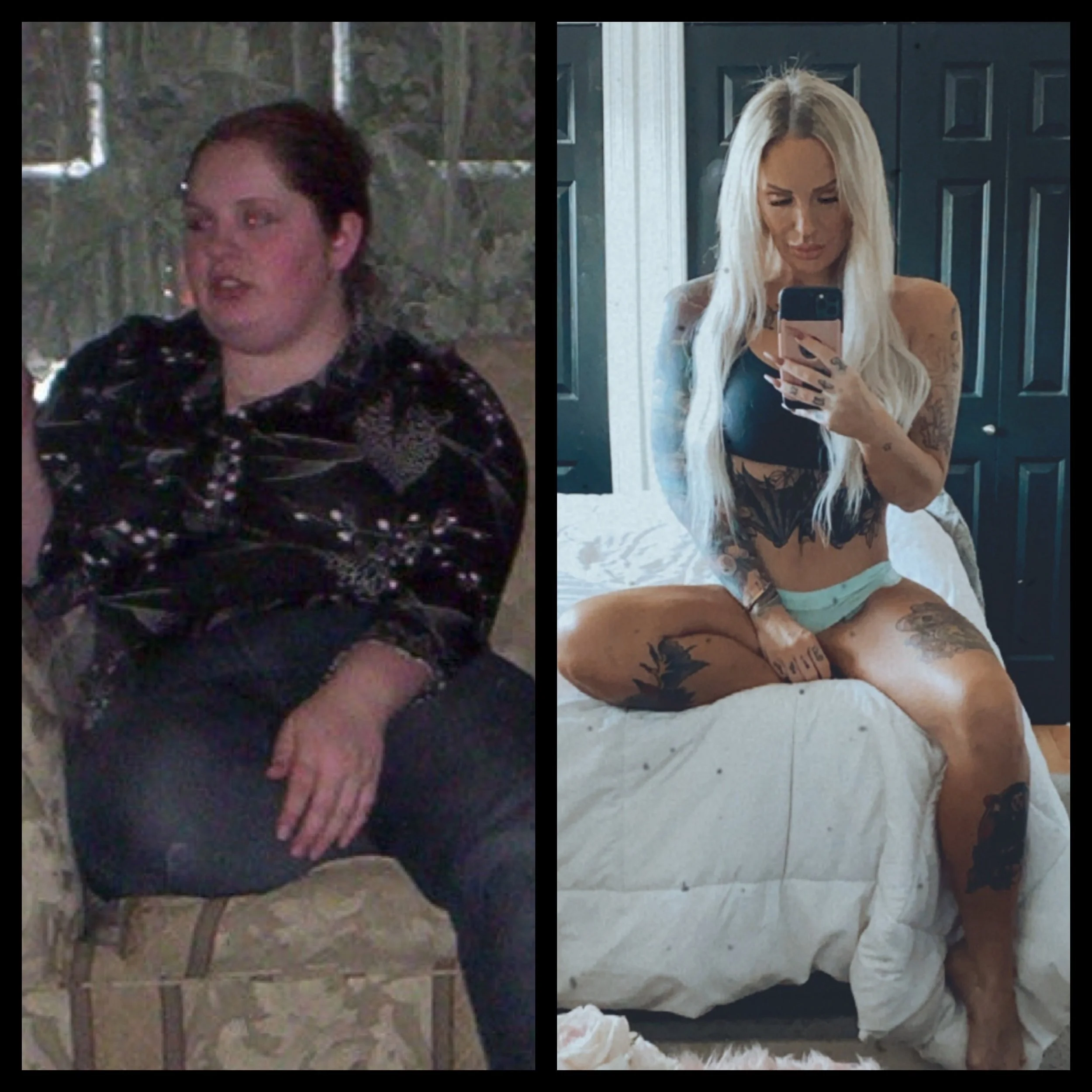 A side-by-side comparison of two women, one on the left sitting outdoors in a chair wearing a black jacket with patterns, and one on the right taking a mirror selfie on a bed with tattoos visible on arms and legs, wearing a black crop top and underwe