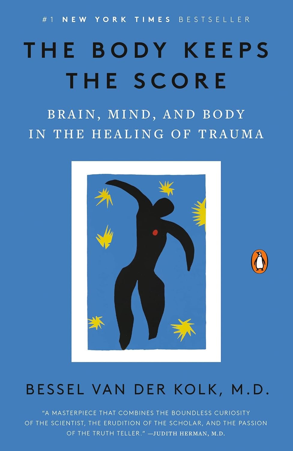 Book cover of 'The Body Keeps the Score' by Bessel van der Kolk, M.D., with a blue background, black silhouette of a human figure, yellow star-like shapes, and white and black text.