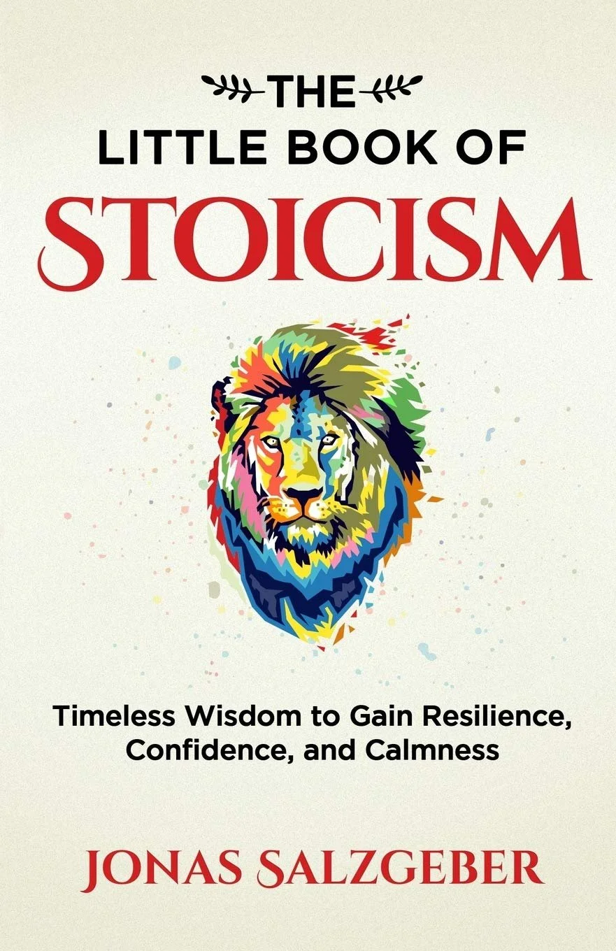 Book cover titled "The Little Book of Stoicism" by Jonas Salzgeber, featuring a colorful, stylized lion's head illustration.