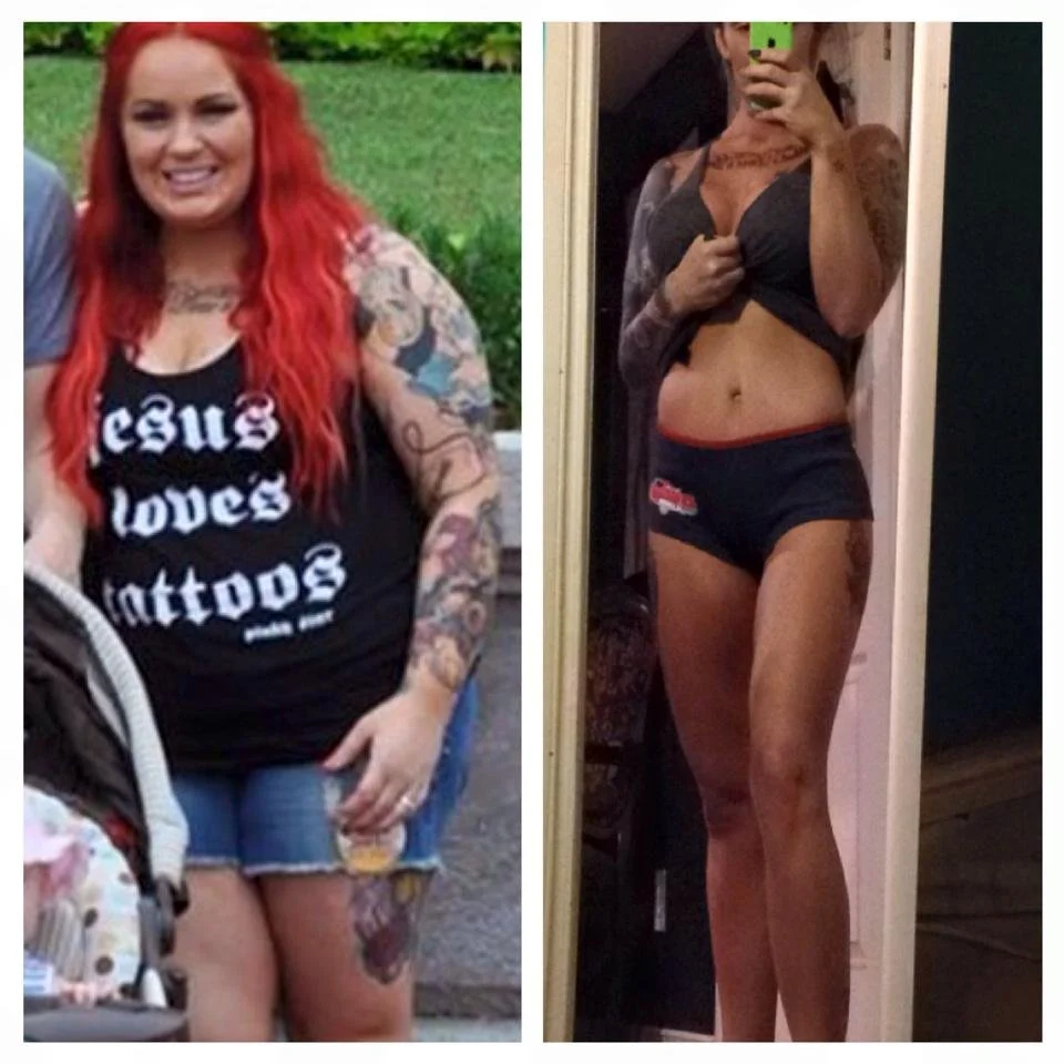 Comparison of a woman before and after weight loss, showing her in casual clothing in a side-by-side photo.