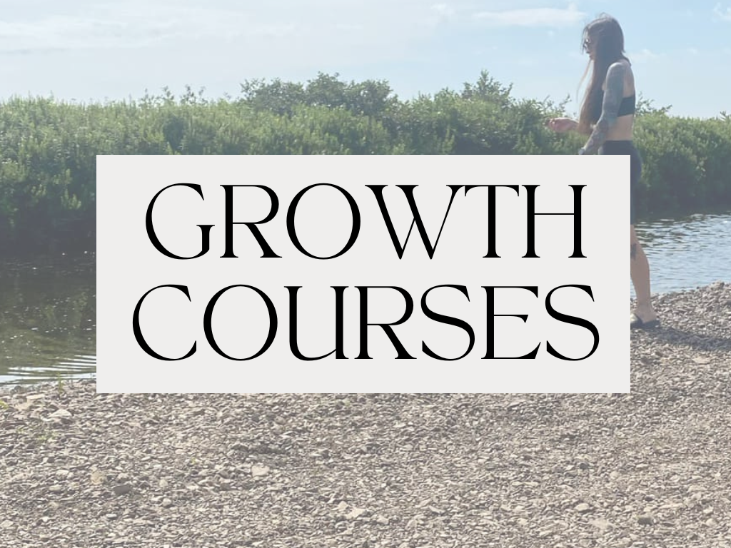 A woman in a black and white swimsuit standing on a rocky shore by a river or lake, with greenery in the background and the phrase 'GROWTH COURSES' overlaid.