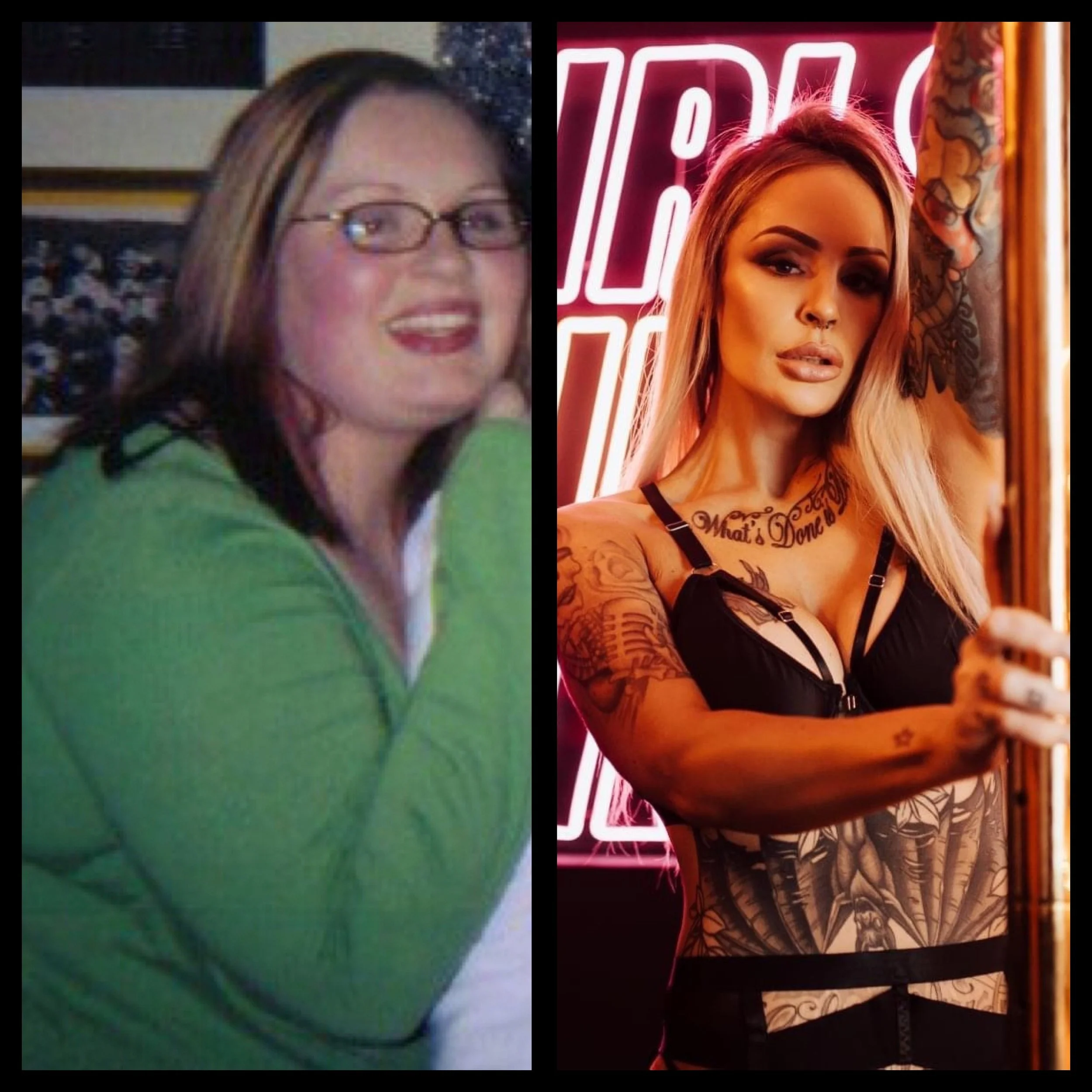Comparison of two women, one on the left with glasses, brown hair, wearing a green long sleeve shirt, and the other on the right with long blonde hair, tattoos, wearing a black bra top, with an illuminated neon sign behind her.