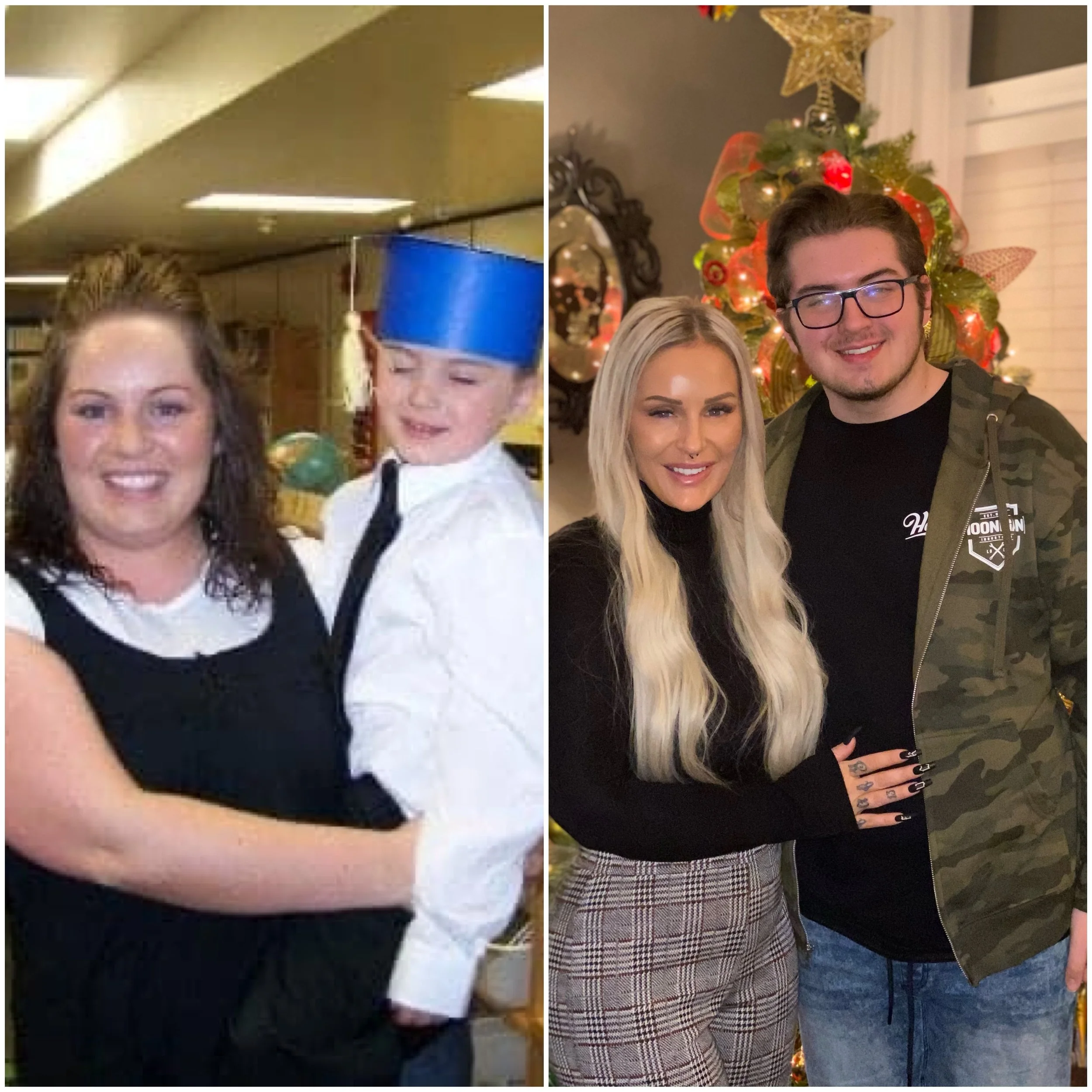 A woman and a young boy dressed in a white shirt with a black tie and blue hat, both smiling, posing together indoors. Next to them, a woman and a young man smiling in front of a decorated Christmas tree, with the woman having long blonde hair and th