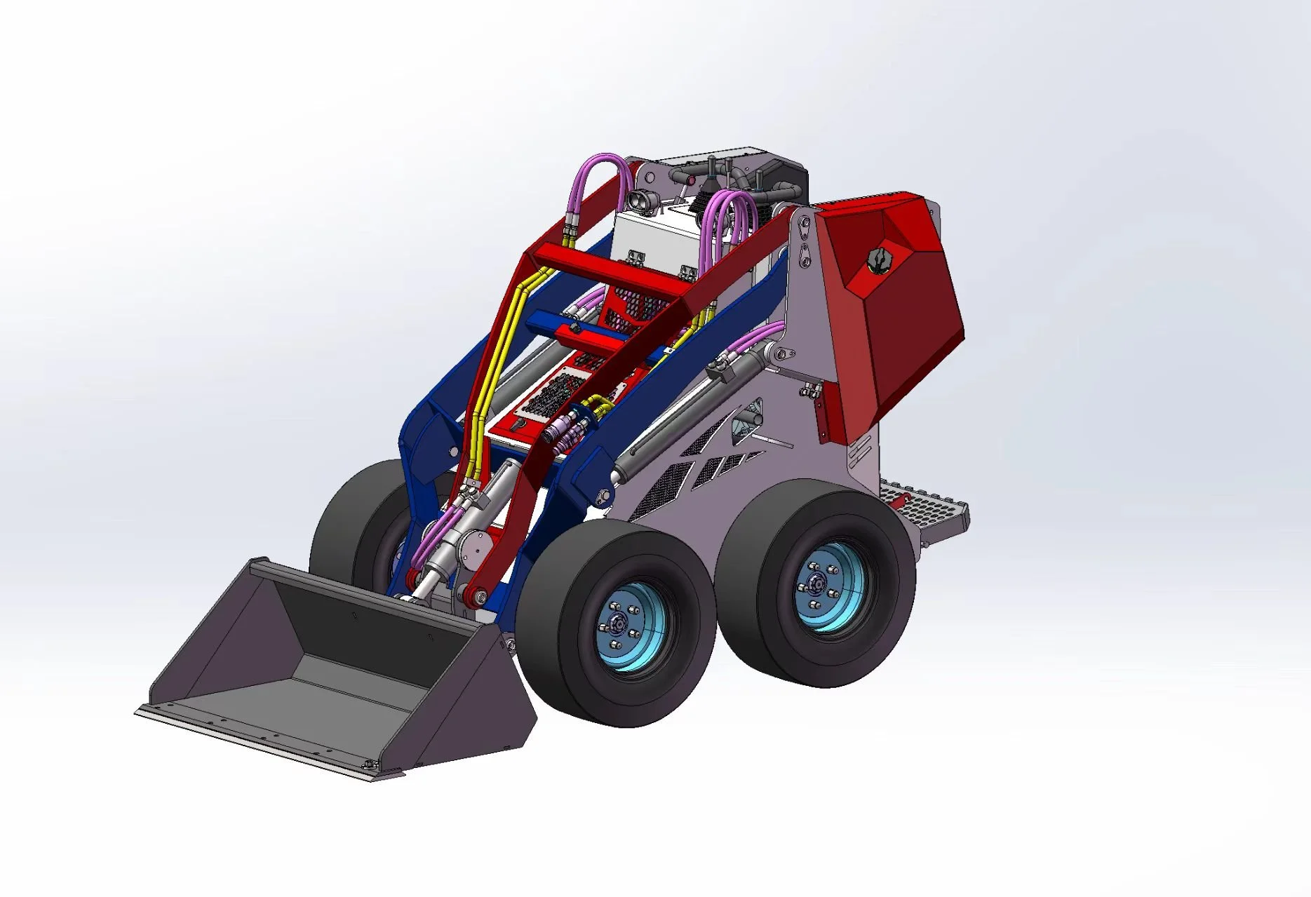 3D rendering of a small robotic or construction vehicle with black wheels, a gray body, and a front bucket attachment, featuring visible hydraulic hoses and mechanical components.