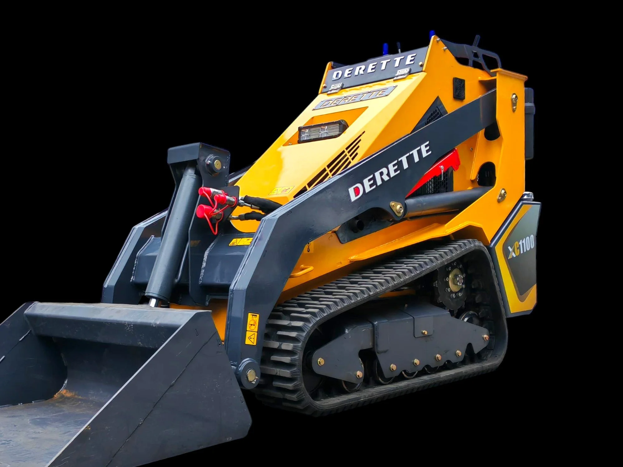 Yellow and black remote-controlled skid-steer loader with tracks, branded 'Derette', isolated on black background.