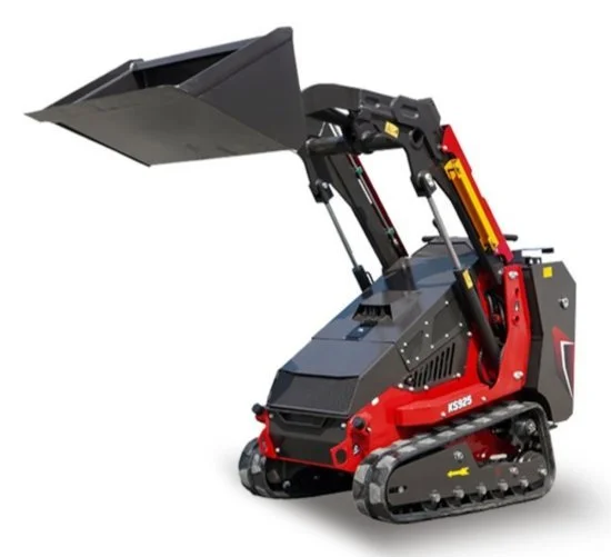 Small tracked mini skid steer loader with a lifting bucket attachment in black and red colors.