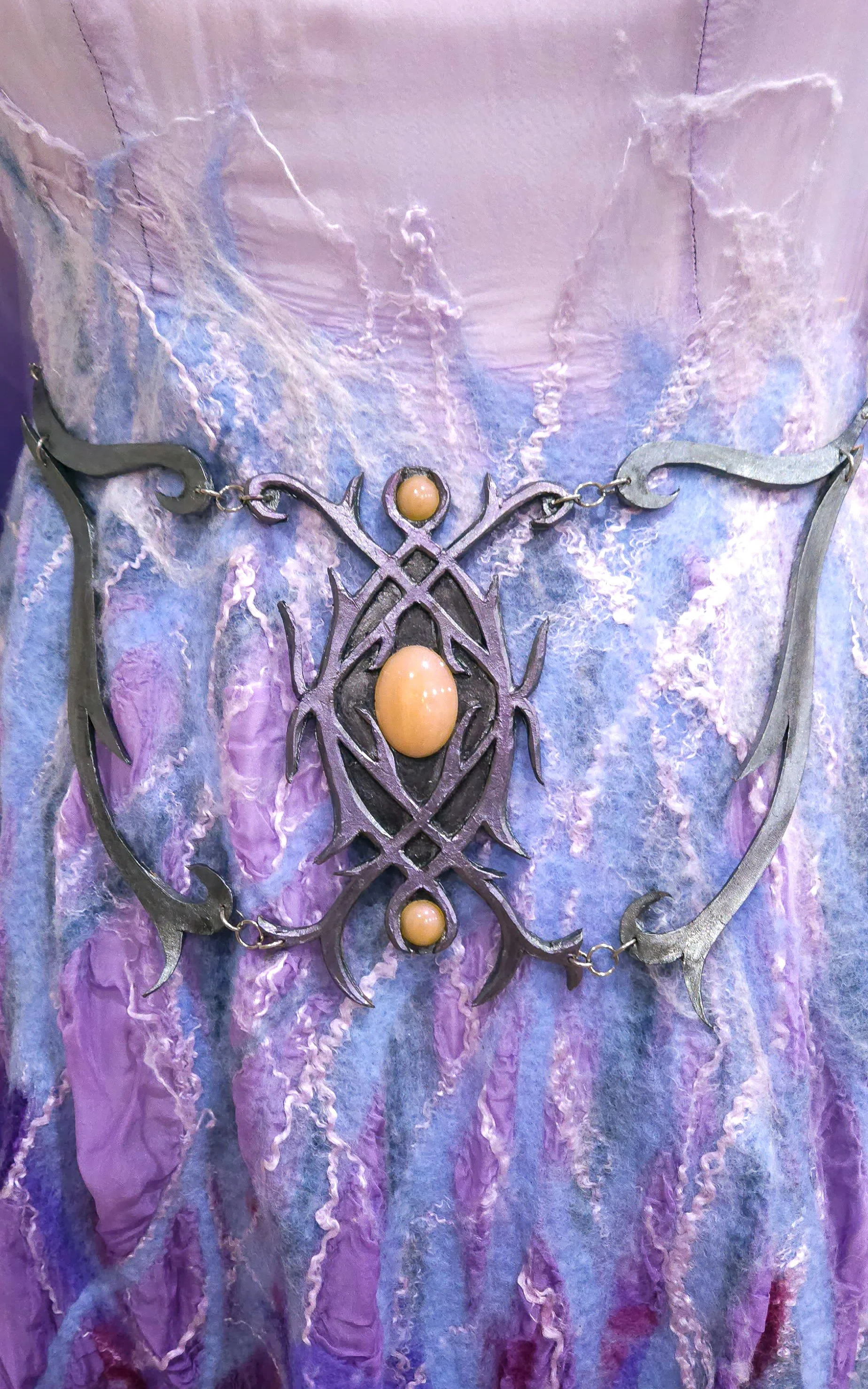 "Winter's Bride" dress, 2019. Wool and silk fibre, wet felted onto dip-dyed silk chiffon, with carved leather and resin belt.