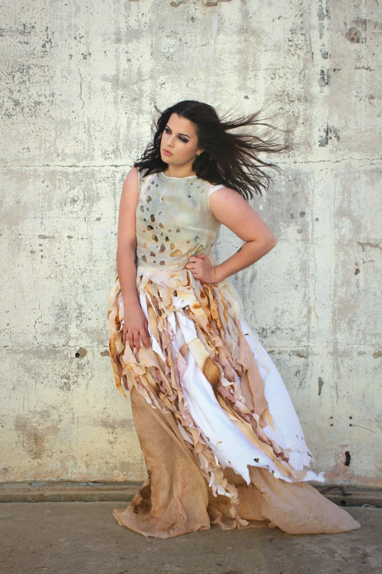 "Modern Decay" dress, 2019. Natural cellulose fibres, distressed and dyed using diverse techniques (such as devoré, burning, staining, and ice dyeing).