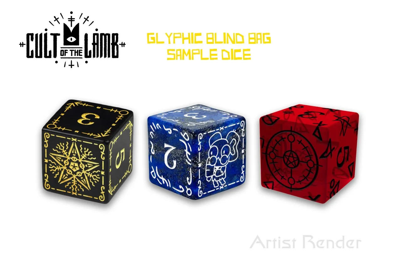 "Cult of the Lamb" D6 dice mockups. Created for Massive Monster/Devolver Digital, with Level Up Dice