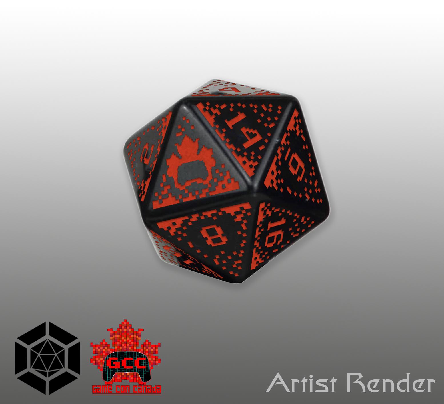 "GCC" D20 mockup. Created for Games Con Canada, with Level Up Dice.