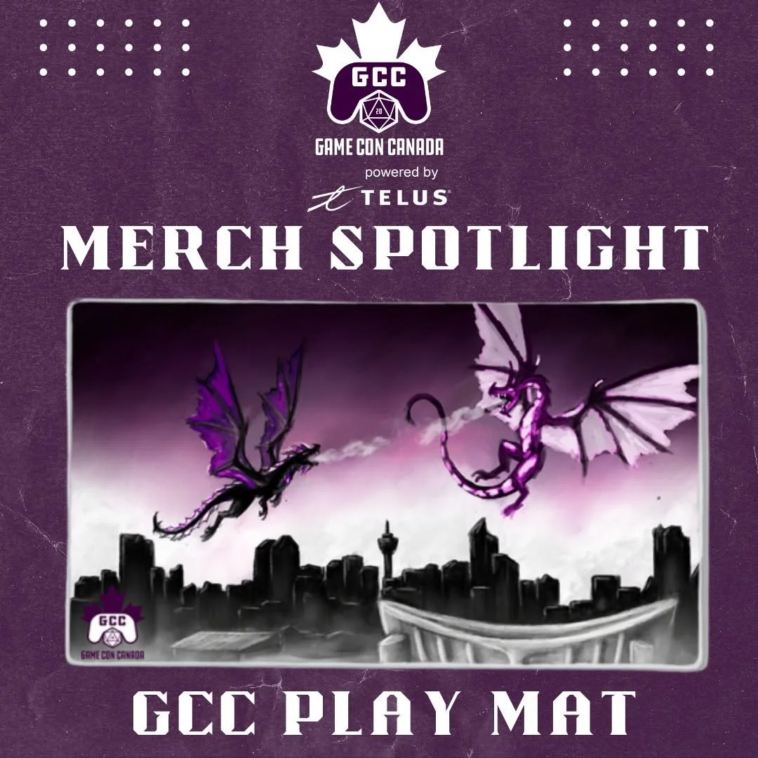 "GCC" playmat mockup. Created for Games Con Canada, with Level Up Dice.