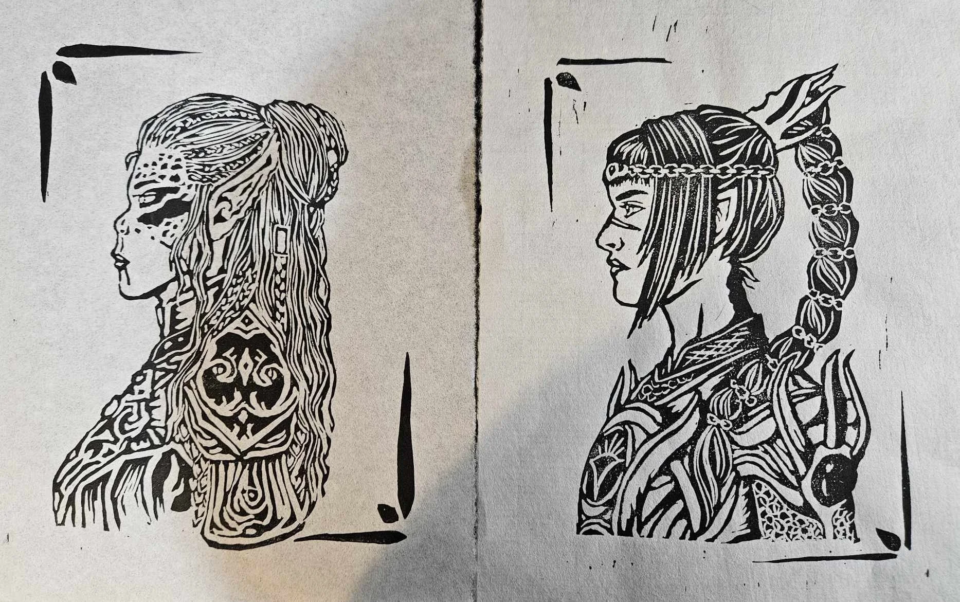 "Lae'zel" and "Shadowheart" linocut prints on rice paper. 2024