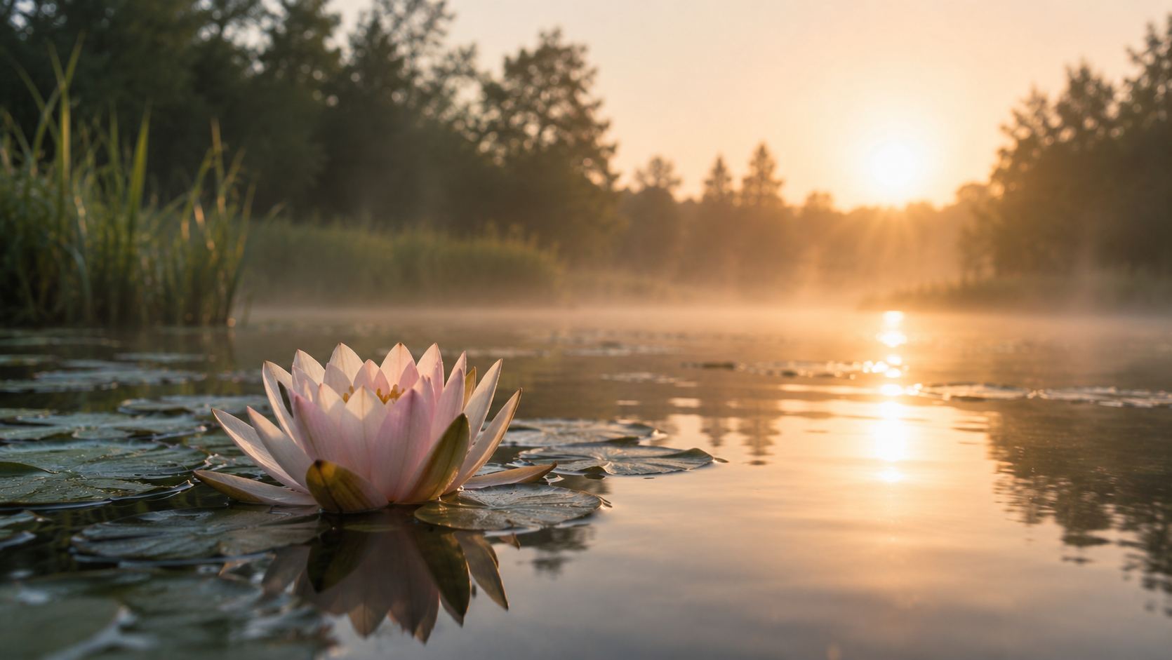 A pink water lily floating on a calm pond during sunrise with mist rising, surrounded by green reeds and trees in the background.