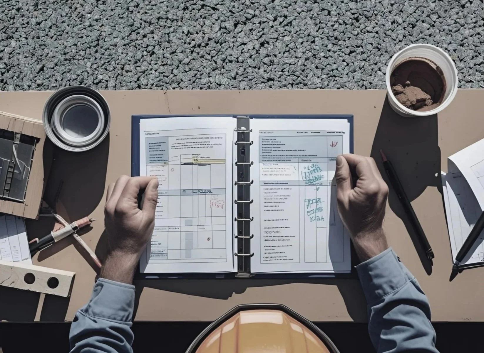 Project planning workspace with documents and schedules, representing quality by design through structured inspection and documentation planning.