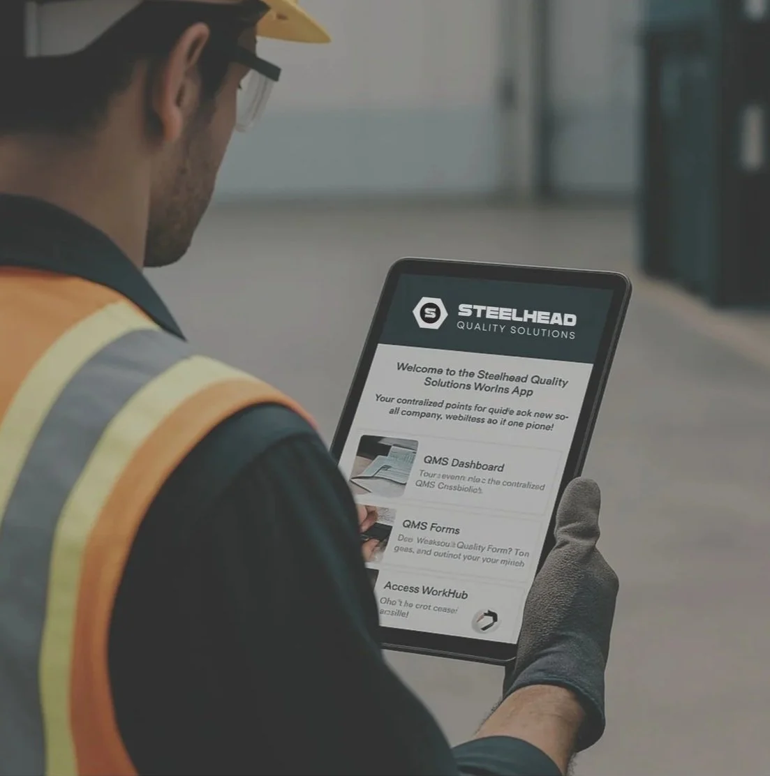 Worker reviewing a digital quality management dashboard on a tablet.