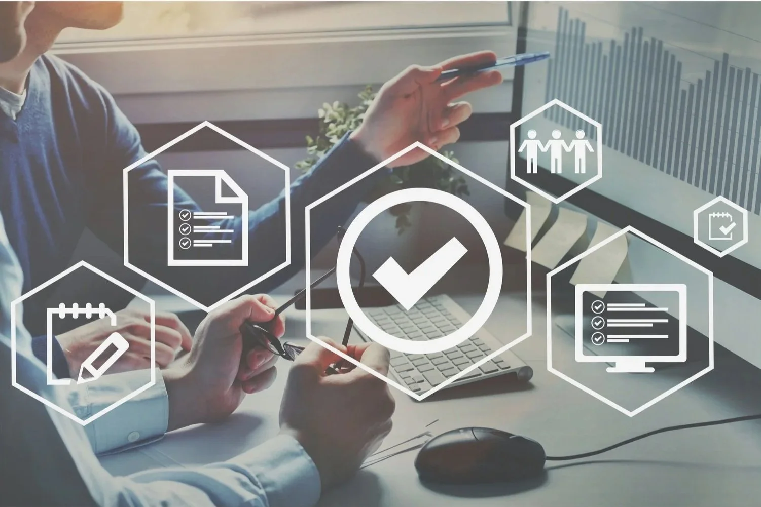 Fractional quality management services illustrated by digital dashboards and compliance icons supporting scalable quality systems.
