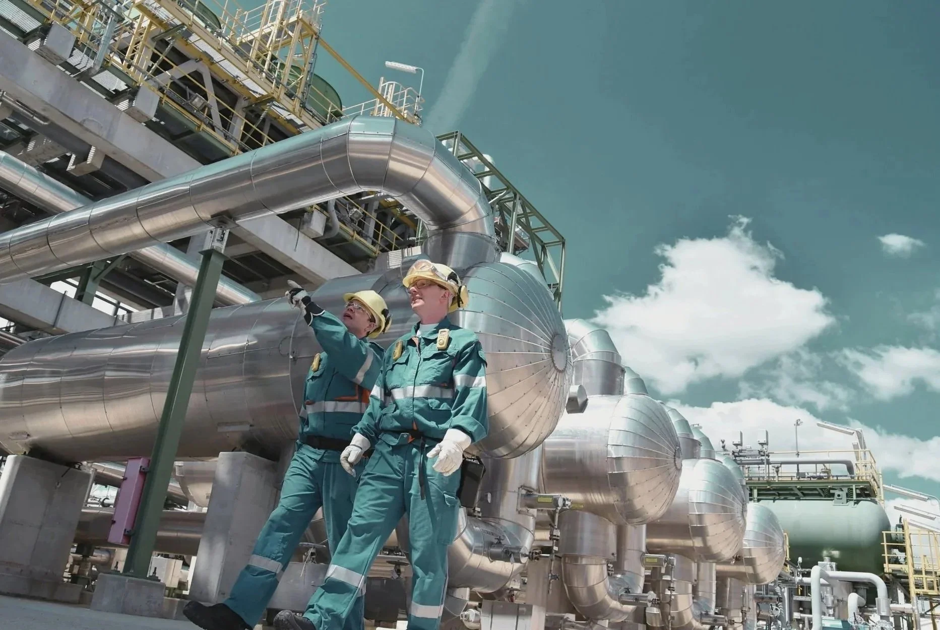 Inspectors reviewing industrial equipment on-site, representing independent vendor surveillance and verified compliance before delivery.