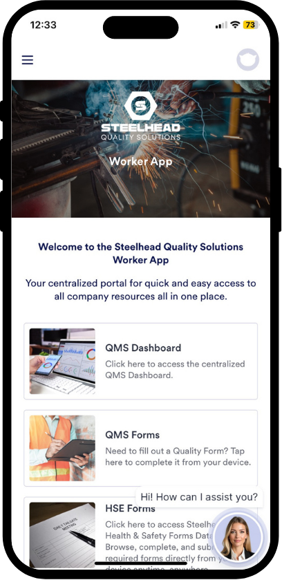 Mobile worker app displaying Steelhead Quality Solutions digital quality system for real-time access to forms, dashboards, and company resources.