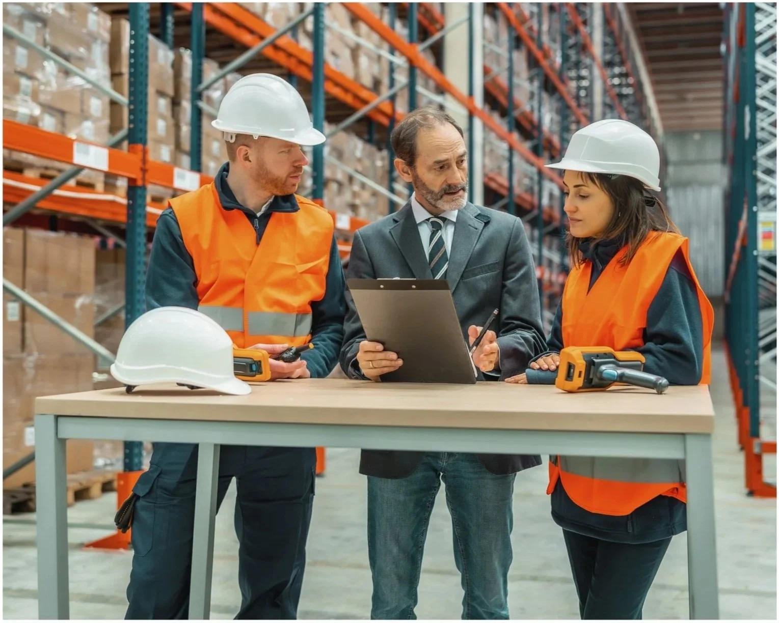 Quality and operations team reviewing documentation in a warehouse setting, representing challenges in QA/QC capacity, compliance demands, and operational growth.