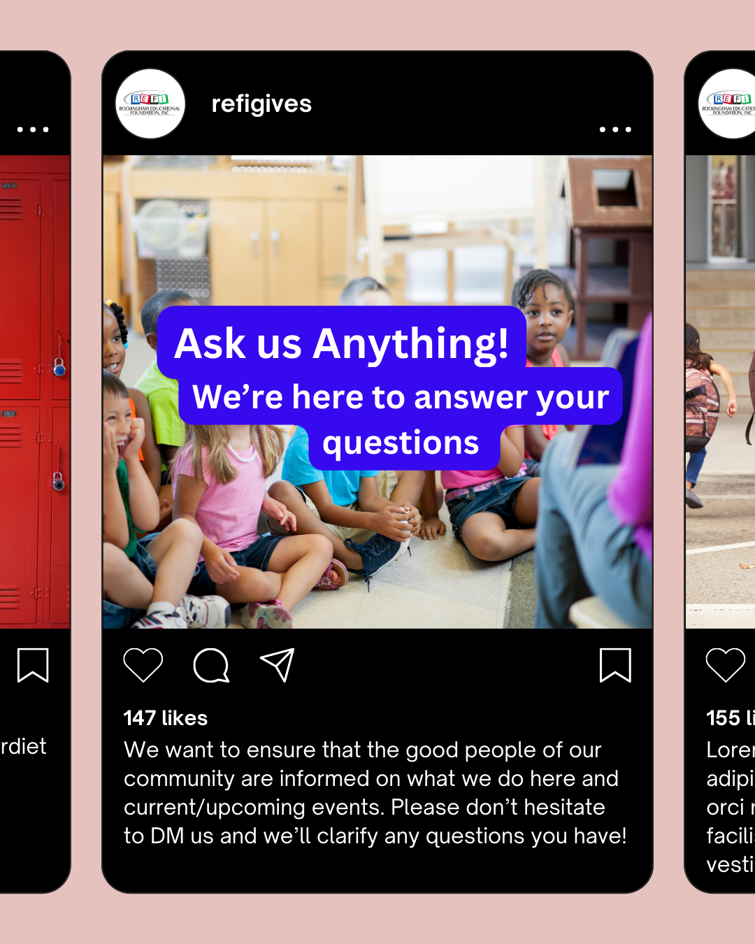 Instagram post mock-up for MKTG 384: Integrated Marketing Communications. Intended as an interactive post to drive engagement for Rockingham Educational Foundation Inc.
