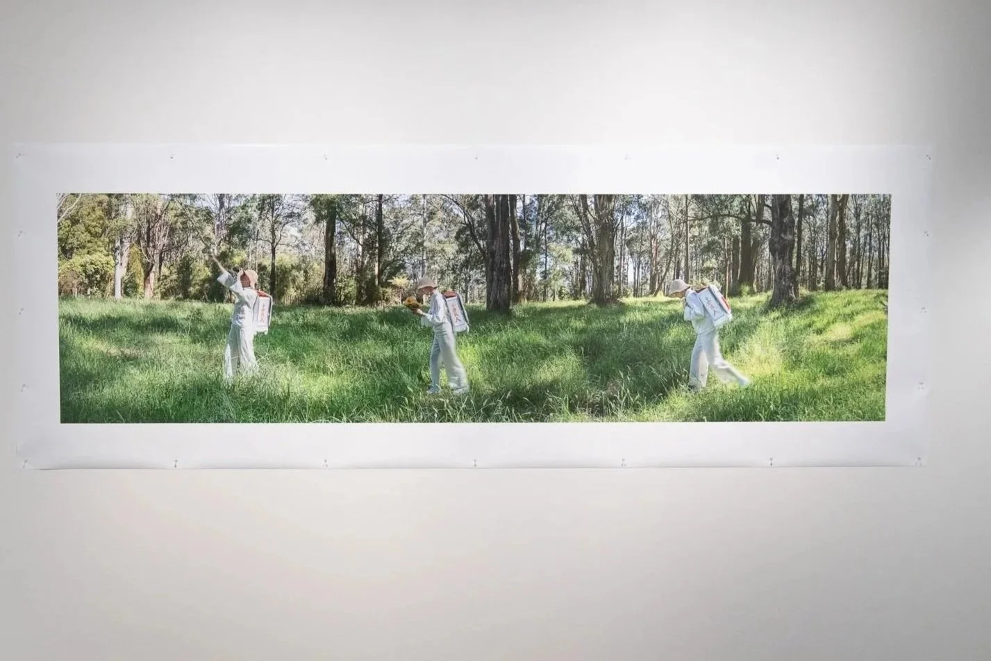Tammy Wong Hulbert
2024
Photography and performance, 110 x 240cm
As an Australian born Chinese female artist, this panoramic photograph documents the act of walking with my Wong Mobile Ancestral Home in three poses from right to left, as traditional