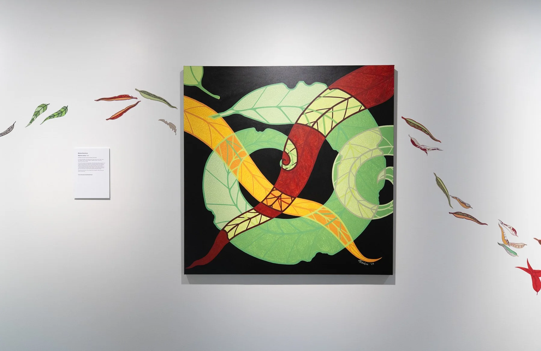 Marran (veins)
Mandy Nicholson (Wurundjeri) 2025
Painting & printed decals
The work embodies the intertwining of veins within a gum leaf, within our bodies, within Country. Marran, meaning ‘veins’, is also the Woiwurrung name for leaf.
On the walk a
